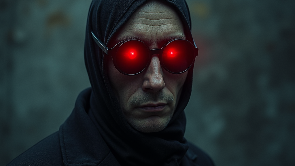 Bildinhalt: Mann mit schwarzem Mantel, schwarzer Kapuze und rot glühenden Maschinenaugen hinter einer Sonnenbrille.
